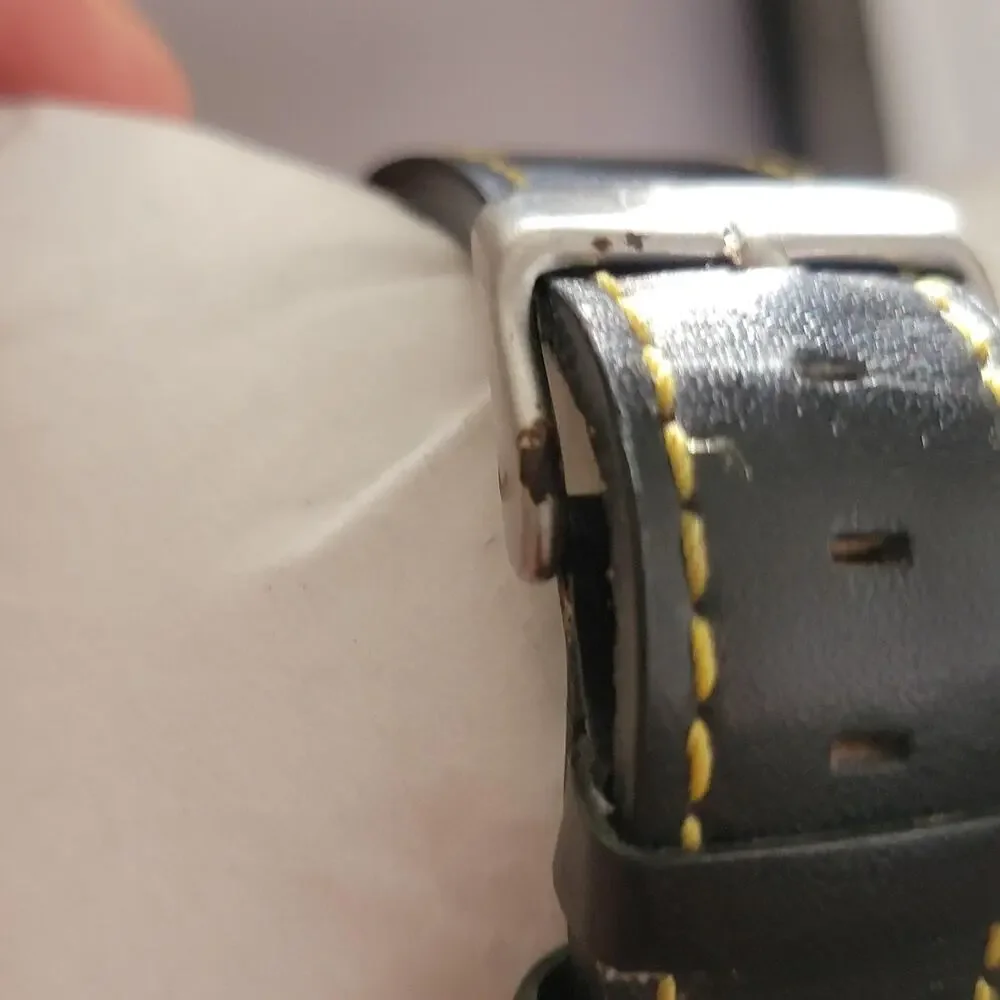 Vintage Deporte Mens Chronograph Watch Silver Yellow Dial Black Leather Quartz